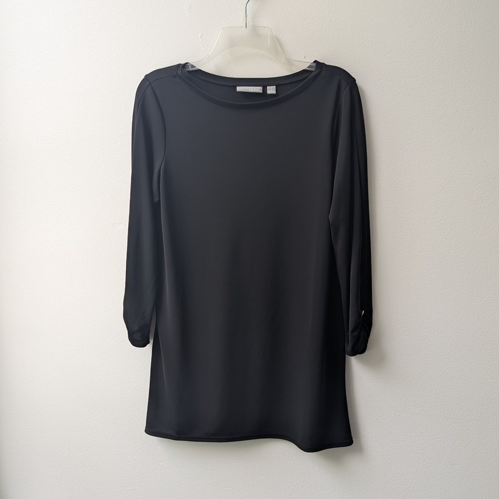 Susan Graver Liquid Knit Tunic Top Black Ruched 3/4 Sleeve Sz S Minimalist Chic